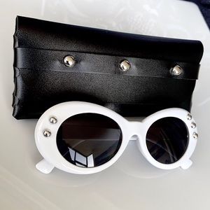 White sunglasses with studs handmade leather pouch